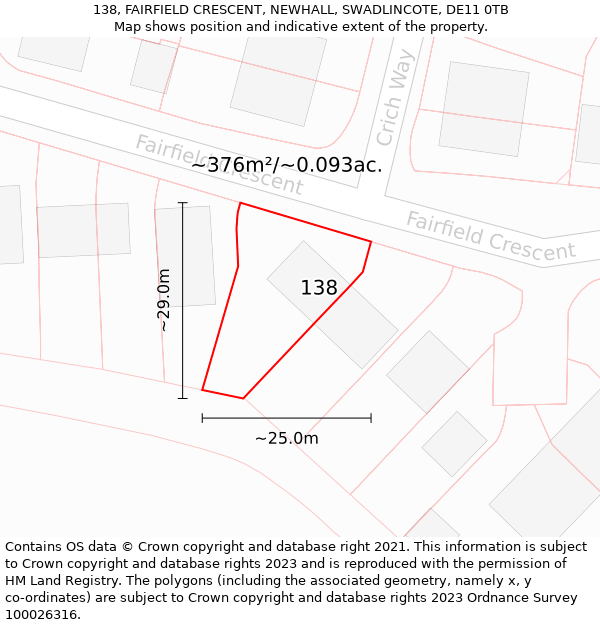 138, FAIRFIELD CRESCENT, NEWHALL, SWADLINCOTE, DE11 0TB: Plot and title map