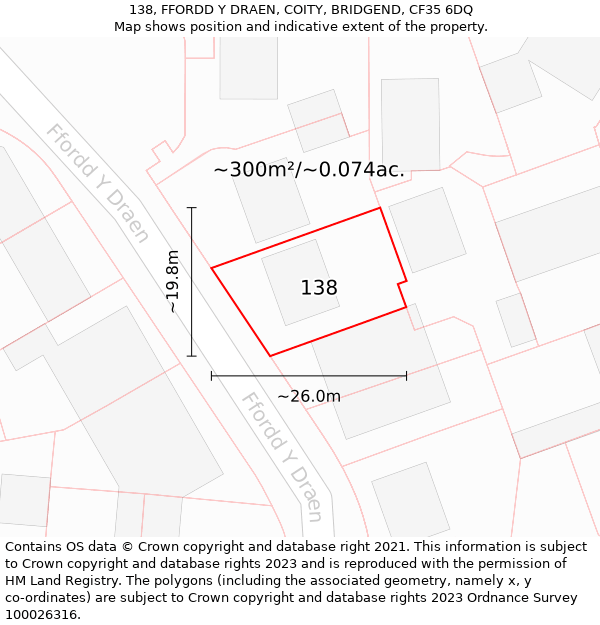 138, FFORDD Y DRAEN, COITY, BRIDGEND, CF35 6DQ: Plot and title map