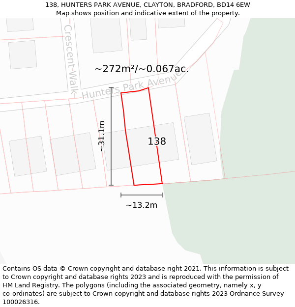 138, HUNTERS PARK AVENUE, CLAYTON, BRADFORD, BD14 6EW: Plot and title map