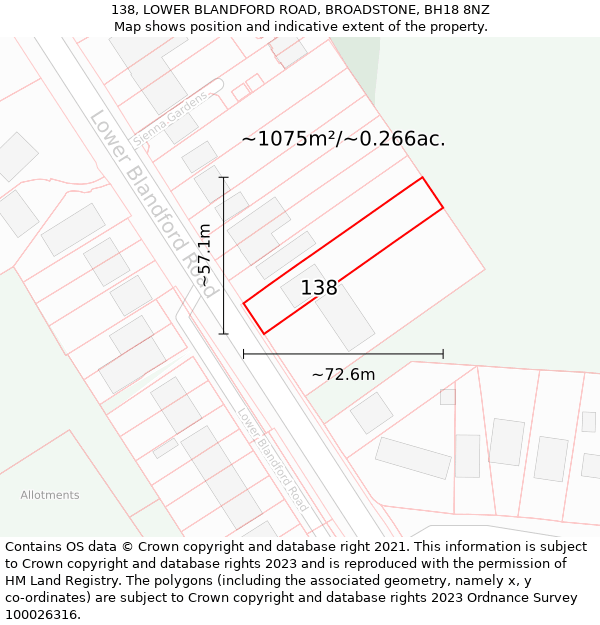 138, LOWER BLANDFORD ROAD, BROADSTONE, BH18 8NZ: Plot and title map