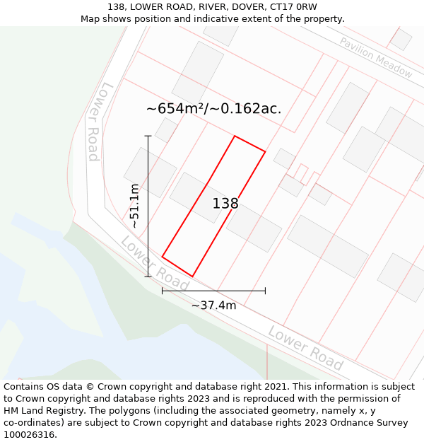 138, LOWER ROAD, RIVER, DOVER, CT17 0RW: Plot and title map