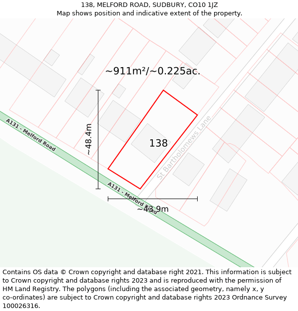 138, MELFORD ROAD, SUDBURY, CO10 1JZ: Plot and title map