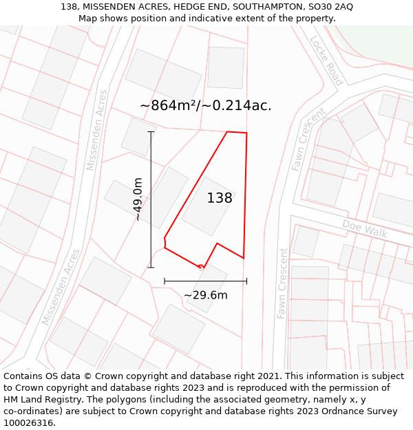 138, MISSENDEN ACRES, HEDGE END, SOUTHAMPTON, SO30 2AQ: Plot and title map