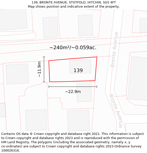 139, BRONTE AVENUE, STOTFOLD, HITCHIN, SG5 4FT: Plot and title map