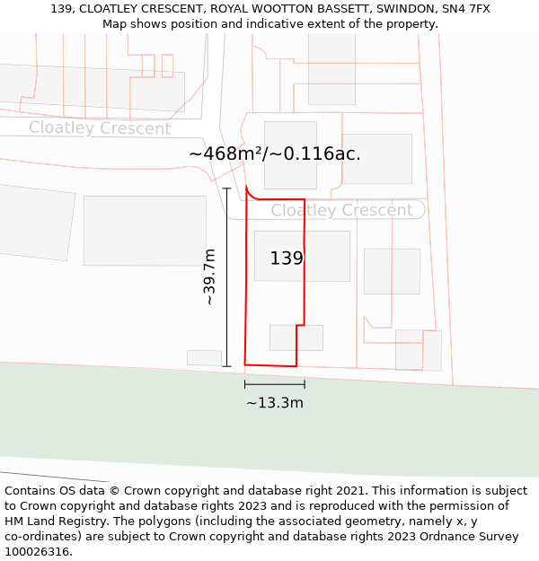 139, CLOATLEY CRESCENT, ROYAL WOOTTON BASSETT, SWINDON, SN4 7FX: Plot and title map