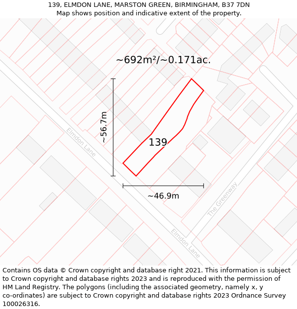 139, ELMDON LANE, MARSTON GREEN, BIRMINGHAM, B37 7DN: Plot and title map