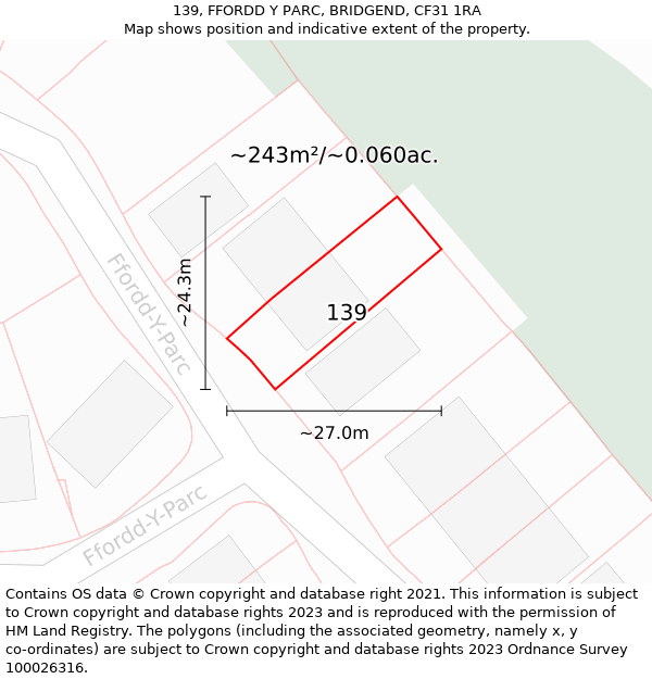 139, FFORDD Y PARC, BRIDGEND, CF31 1RA: Plot and title map