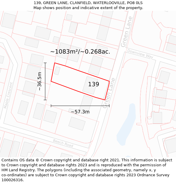 139, GREEN LANE, CLANFIELD, WATERLOOVILLE, PO8 0LS: Plot and title map