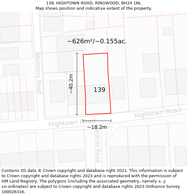 139, HIGHTOWN ROAD, RINGWOOD, BH24 1NL: Plot and title map