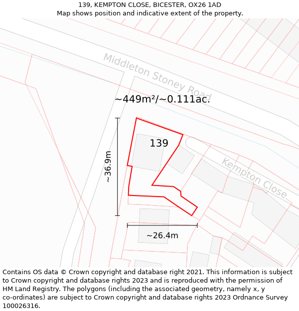 139, KEMPTON CLOSE, BICESTER, OX26 1AD: Plot and title map