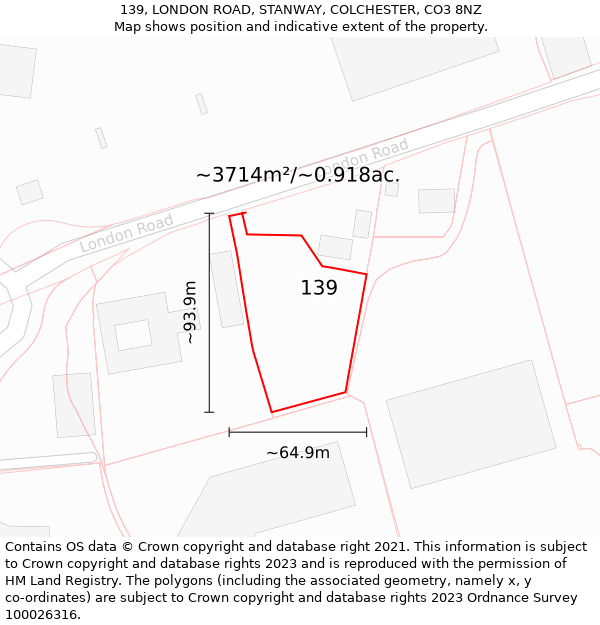 139, LONDON ROAD, STANWAY, COLCHESTER, CO3 8NZ: Plot and title map