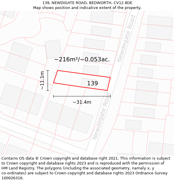 139, NEWDIGATE ROAD, BEDWORTH, CV12 8DE: Plot and title map