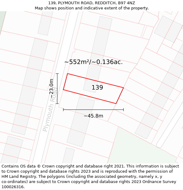 139, PLYMOUTH ROAD, REDDITCH, B97 4NZ: Plot and title map