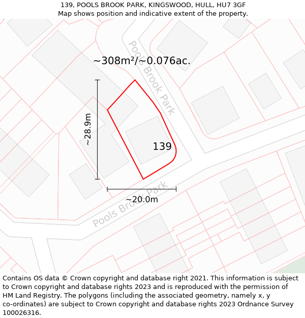 139, POOLS BROOK PARK, KINGSWOOD, HULL, HU7 3GF: Plot and title map