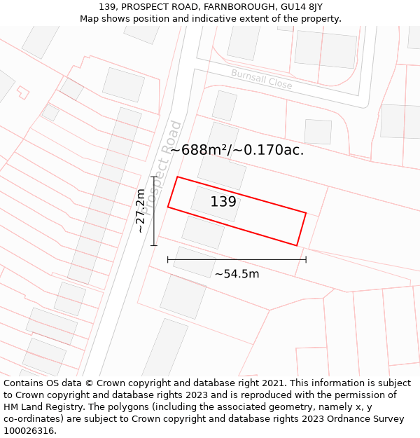 139, PROSPECT ROAD, FARNBOROUGH, GU14 8JY: Plot and title map