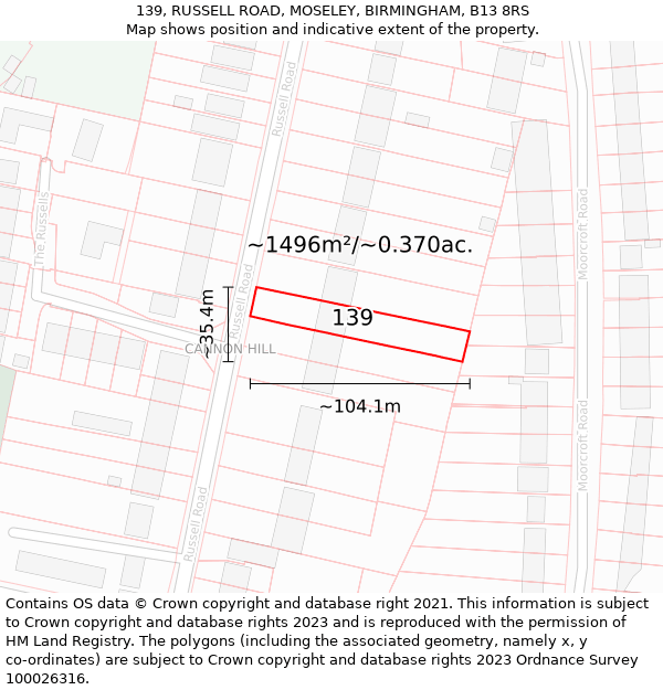 139, RUSSELL ROAD, MOSELEY, BIRMINGHAM, B13 8RS: Plot and title map