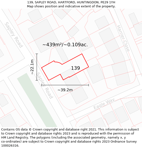 139, SAPLEY ROAD, HARTFORD, HUNTINGDON, PE29 1YH: Plot and title map