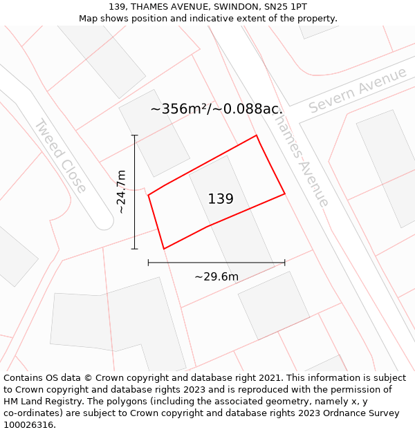 139, THAMES AVENUE, SWINDON, SN25 1PT: Plot and title map