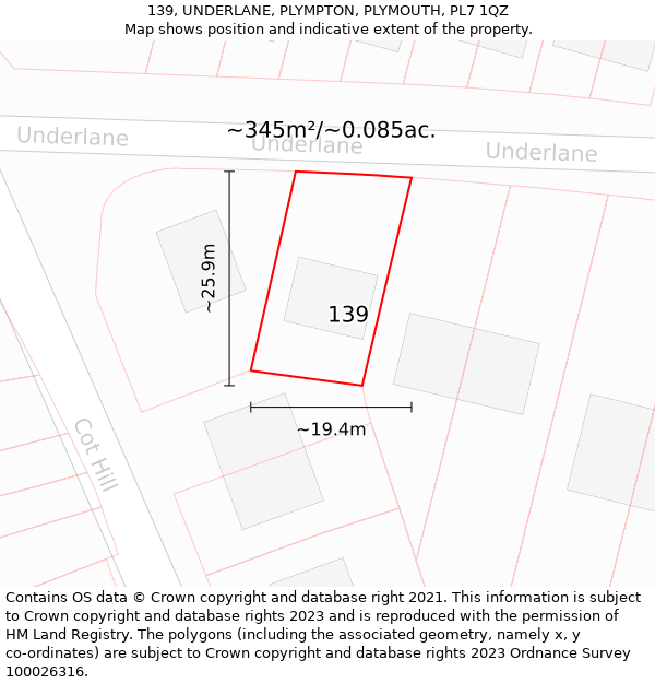 139, UNDERLANE, PLYMPTON, PLYMOUTH, PL7 1QZ: Plot and title map