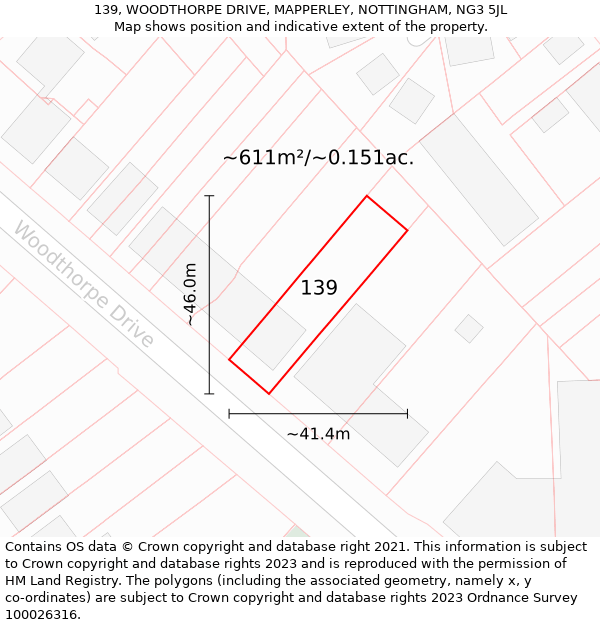 139, WOODTHORPE DRIVE, MAPPERLEY, NOTTINGHAM, NG3 5JL: Plot and title map