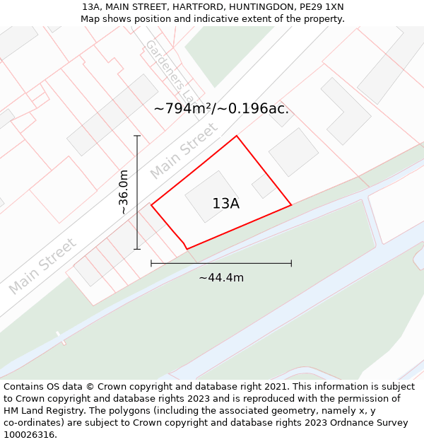 13A, MAIN STREET, HARTFORD, HUNTINGDON, PE29 1XN: Plot and title map