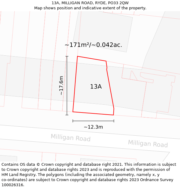 13A, MILLIGAN ROAD, RYDE, PO33 2QW: Plot and title map