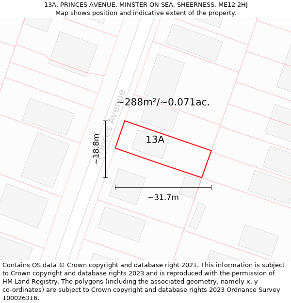 13A, PRINCES AVENUE, MINSTER ON SEA, SHEERNESS, ME12 2HJ: Plot and title map