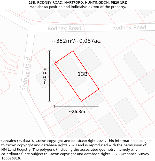 13B, RODNEY ROAD, HARTFORD, HUNTINGDON, PE29 1RZ: Plot and title map