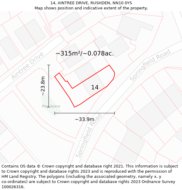 14, AINTREE DRIVE, RUSHDEN, NN10 0YS: Plot and title map