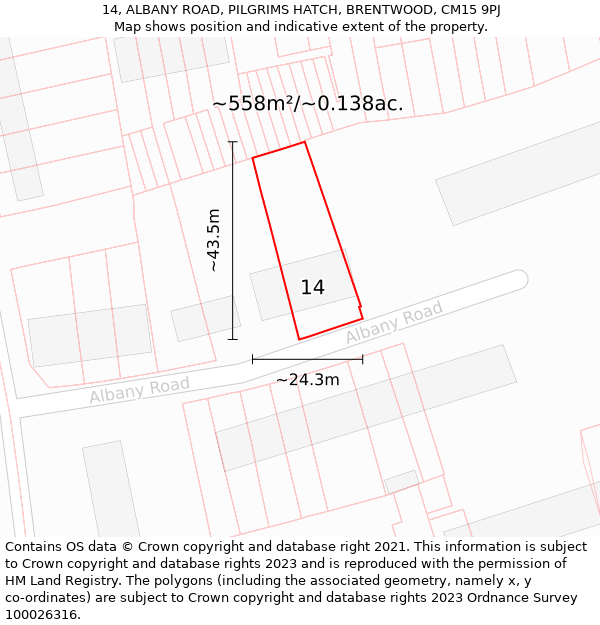 14, ALBANY ROAD, PILGRIMS HATCH, BRENTWOOD, CM15 9PJ: Plot and title map