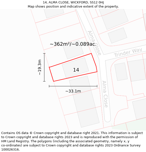 14, ALMA CLOSE, WICKFORD, SS12 0HJ: Plot and title map