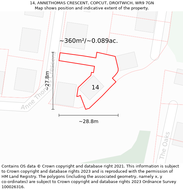14, ANNETHOMAS CRESCENT, COPCUT, DROITWICH, WR9 7GN: Plot and title map