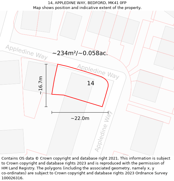 14, APPLEDINE WAY, BEDFORD, MK41 0FP: Plot and title map