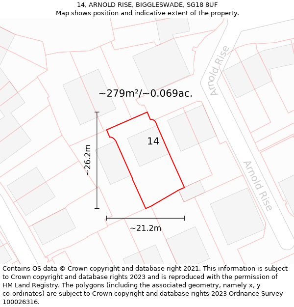 14, ARNOLD RISE, BIGGLESWADE, SG18 8UF: Plot and title map