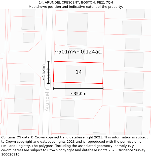 14, ARUNDEL CRESCENT, BOSTON, PE21 7QH: Plot and title map