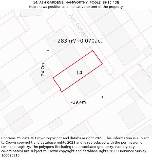 14, ASH GARDENS, HAMWORTHY, POOLE, BH15 4DE: Plot and title map