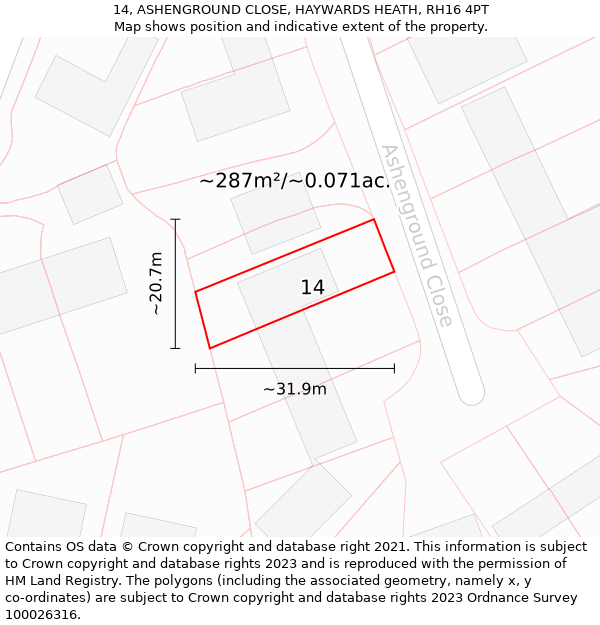 14, ASHENGROUND CLOSE, HAYWARDS HEATH, RH16 4PT: Plot and title map