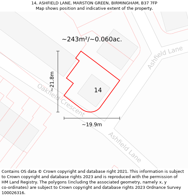 14, ASHFIELD LANE, MARSTON GREEN, BIRMINGHAM, B37 7FP: Plot and title map