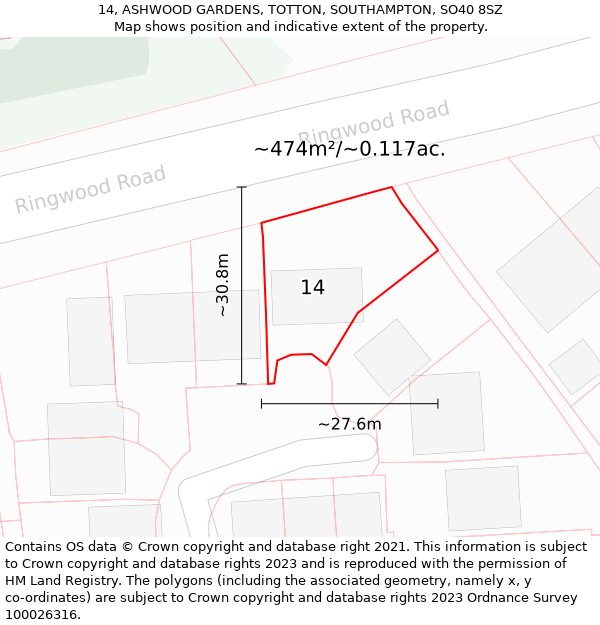 14, ASHWOOD GARDENS, TOTTON, SOUTHAMPTON, SO40 8SZ: Plot and title map