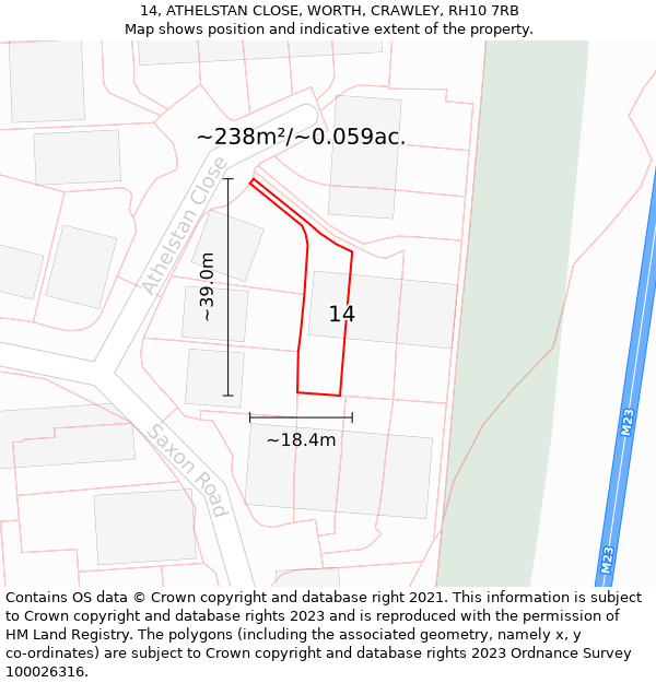 14, ATHELSTAN CLOSE, WORTH, CRAWLEY, RH10 7RB: Plot and title map