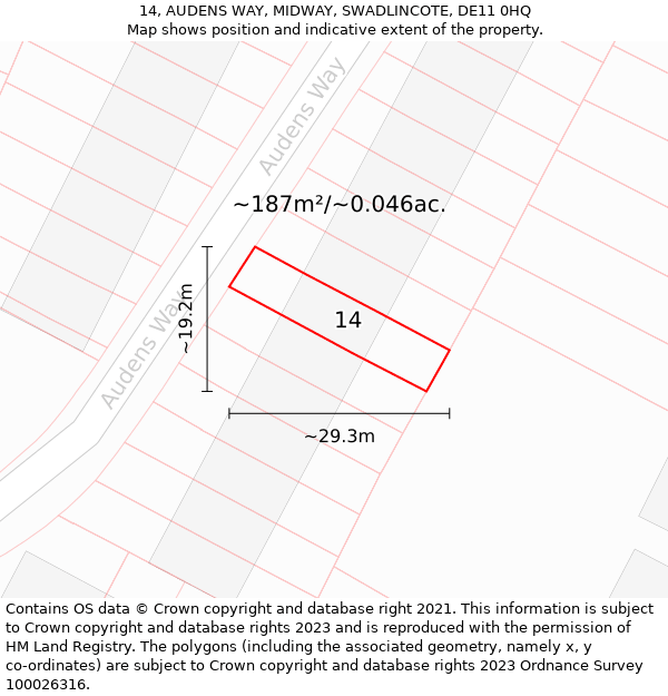 14, AUDENS WAY, MIDWAY, SWADLINCOTE, DE11 0HQ: Plot and title map