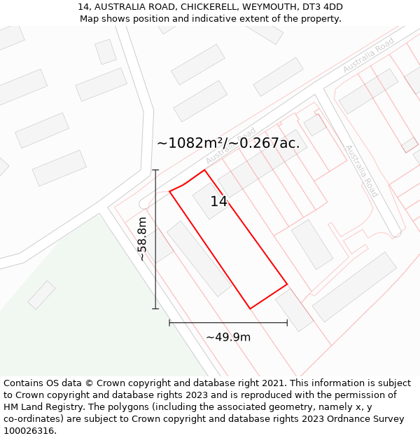 14, AUSTRALIA ROAD, CHICKERELL, WEYMOUTH, DT3 4DD: Plot and title map