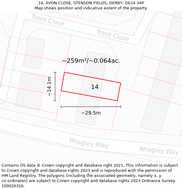 14, AVON CLOSE, STENSON FIELDS, DERBY, DE24 3AP: Plot and title map