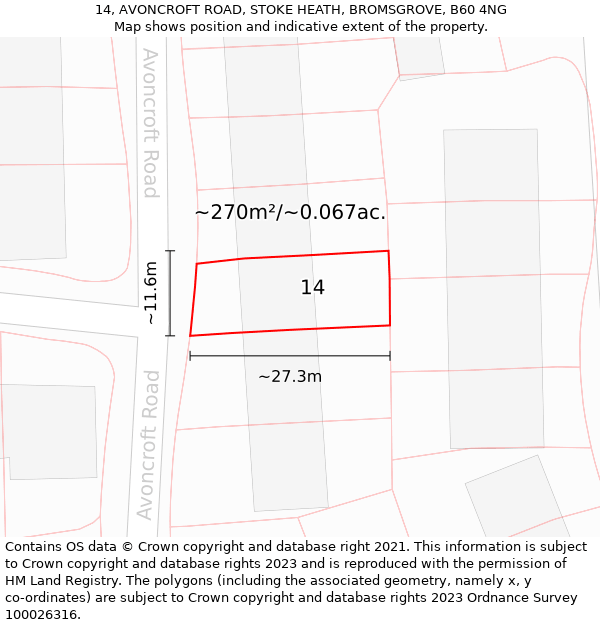 14, AVONCROFT ROAD, STOKE HEATH, BROMSGROVE, B60 4NG: Plot and title map