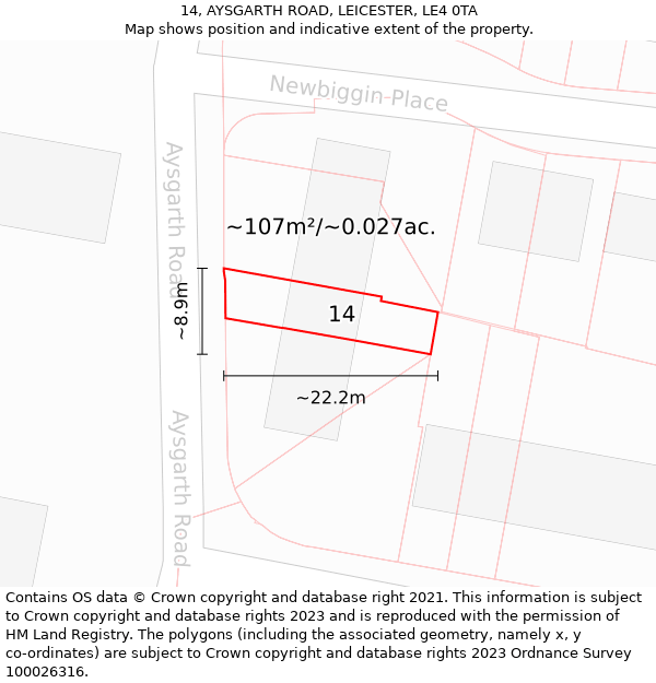 14, AYSGARTH ROAD, LEICESTER, LE4 0TA: Plot and title map