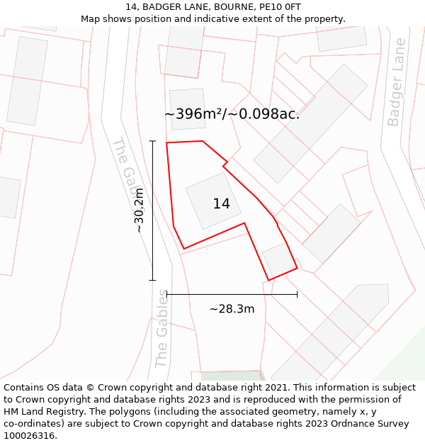 14, BADGER LANE, BOURNE, PE10 0FT: Plot and title map