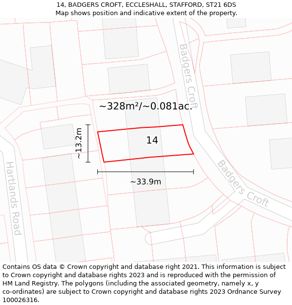 14, BADGERS CROFT, ECCLESHALL, STAFFORD, ST21 6DS: Plot and title map