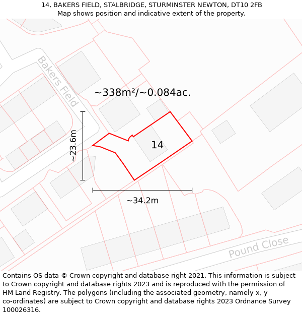 14, BAKERS FIELD, STALBRIDGE, STURMINSTER NEWTON, DT10 2FB: Plot and title map