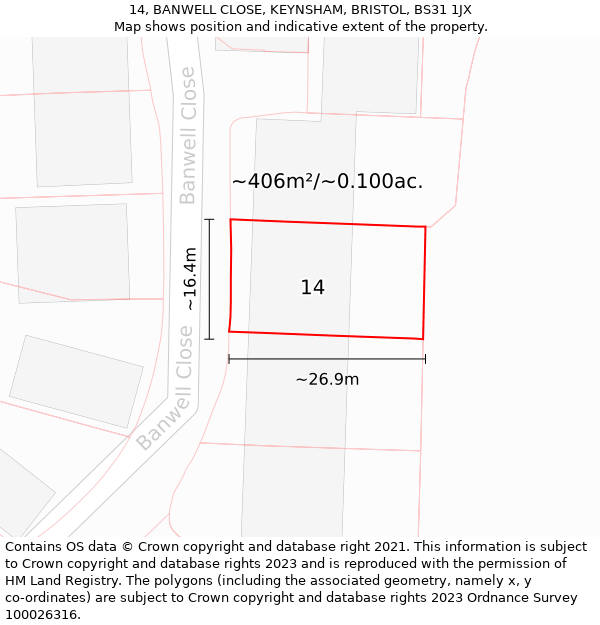 14, BANWELL CLOSE, KEYNSHAM, BRISTOL, BS31 1JX: Plot and title map