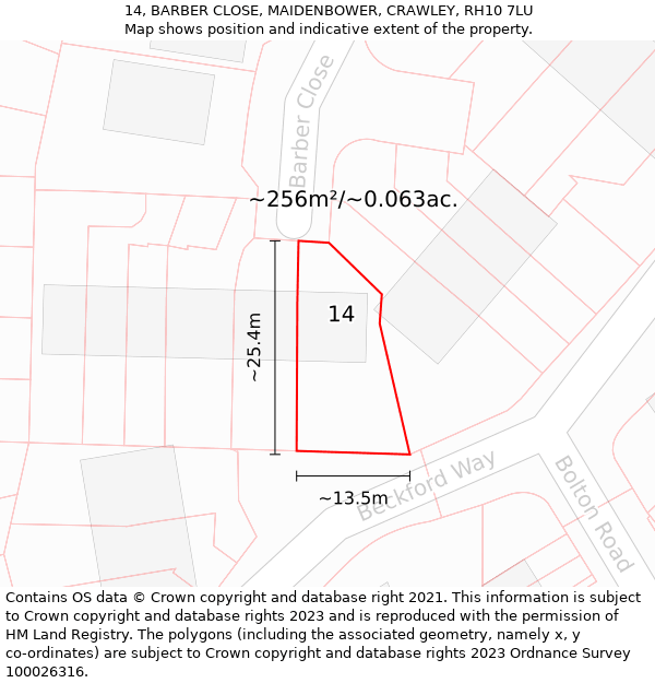 14, BARBER CLOSE, MAIDENBOWER, CRAWLEY, RH10 7LU: Plot and title map